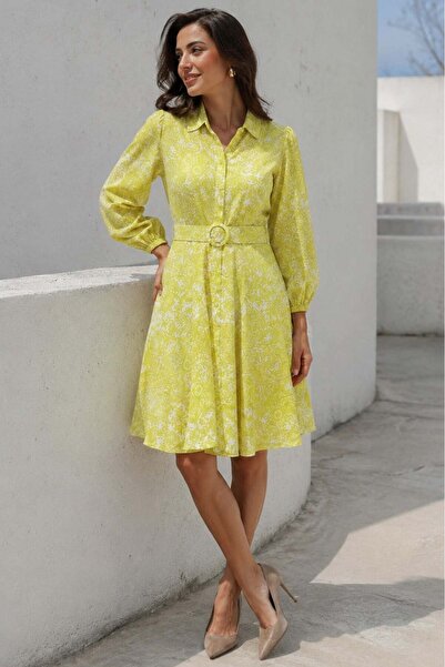 Madmext Yellow Floral Print Shirt Collar Mini Dress Mg1823