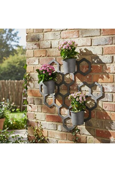 PAN HOME Hive Metal 4pc Set Wall Hanging With 3 Planters 70.8x15.8x75cm - Grey