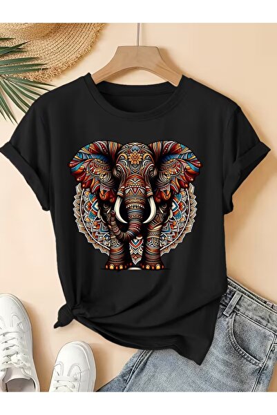 JENOLAN Women's Tribal Elephant Printed Oversize T-Shirt Loose Fit