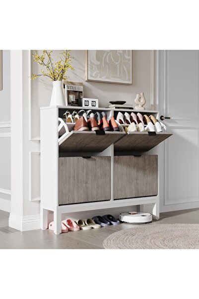 Garvee - Shoe Storage Cabinet with 4 Drop-Down Drawers, Fluted Shoe Organizer...