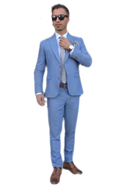 Sunt Romanesc Costum bărbătesc, croială slim, albastru deschis/gri, casual, m...