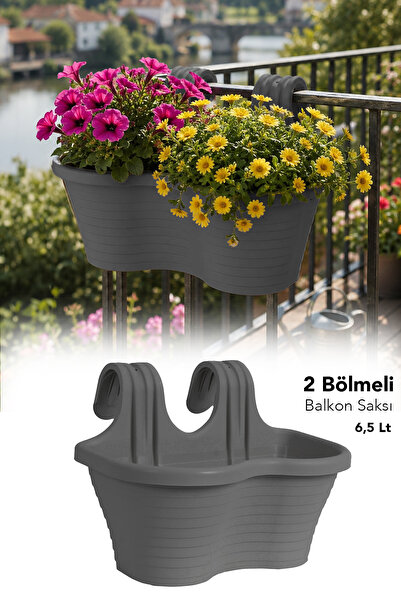 Meleni Home 2 Bölmeli Çizgili Balkon Saksısı - Asılabilir Dekoratif Plastik B...