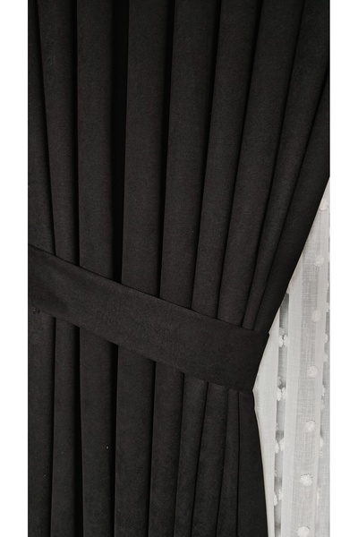 Yuka Black Velvet Textured Background Curtain Single Panel Without Pleats Pla...