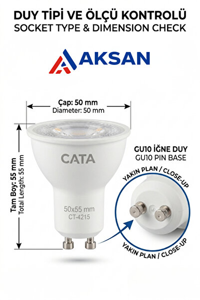 Cata CT-4215 8W GU10 Duy 4000K Günışığı Spot Led Ampul 610 Lümen Asma Tavan U...