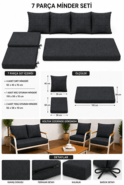 UFUK HOME Daisy 311 Antrasit 8 Parça Balkon Bahçe Mobilyası Minder Seti Fermu...