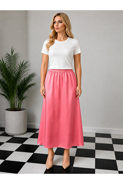 UTDU Flat Satin Skirt with Elastic Waist and Hidden Zipper on the Side