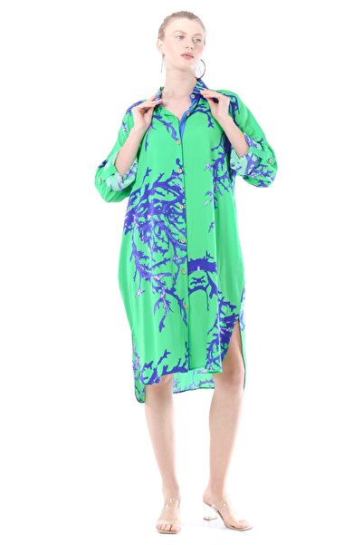 della moor Green Branch Patterned Large Size Midi Length Viscose Shirt Dress ...
