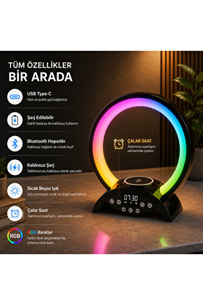 BİOL Aydınlatma Kablosuz Şarjlı Bluetooth Hoparlörlü Masa ve Gece Lambası