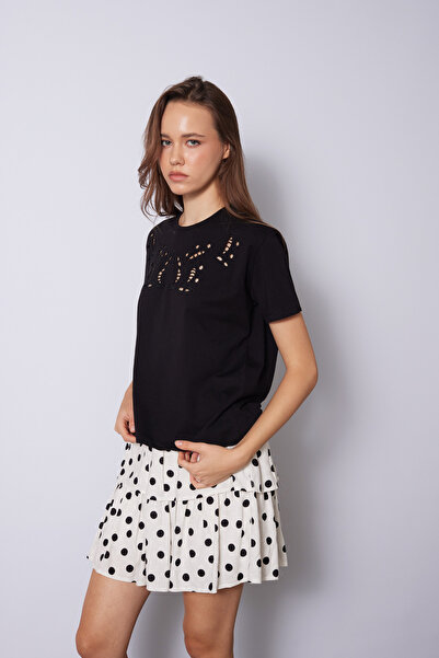 Nisan Tricou cu mânecă scurtă, cu broderie ajurată, negru