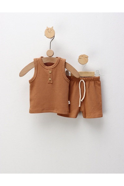 MiniKids Καθημερινό Ντραπέ Σετ Μπλούζα-Παντελόνι, Παιδικό Καλοκαιρινό, καφέ
