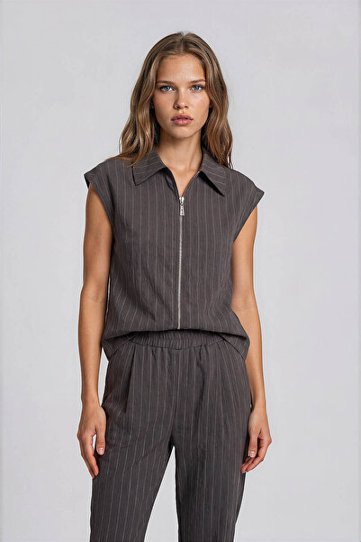Vitrin Striped Blouse with Front Zipper