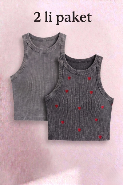 Siner Fashion Ženska siva bluza sa 2 dela, sa detaljnim srcem i jednobojnim h...