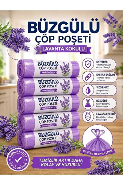 Butik Lavanta Kokulu Büzgülü Çöp Poşeti 5'Li paket 55x50 cm