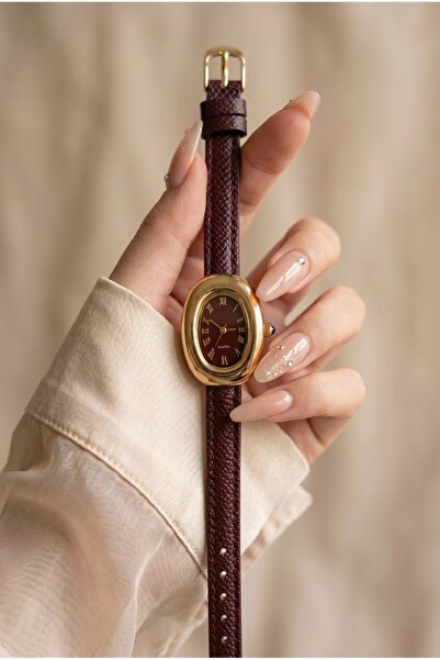 KLISHE Butik Classic Women's Watch Gold Color Oval Case Burgundy Dial & Burgu...