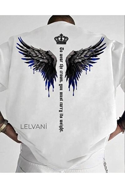 LELVANİ Men's Crown Printed Winged Bird Detail Crewneck T-Shirt