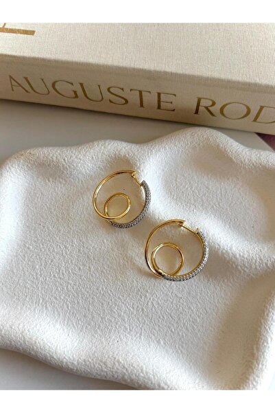ANKA JEWELLRY Women's Steel Double Ring Zircon Stone Gold Earrings