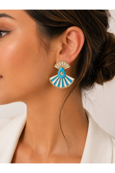ANKA JEWELLRY Women's Steel Turquoise Enamel Vintage Fan Design Gold Earrings