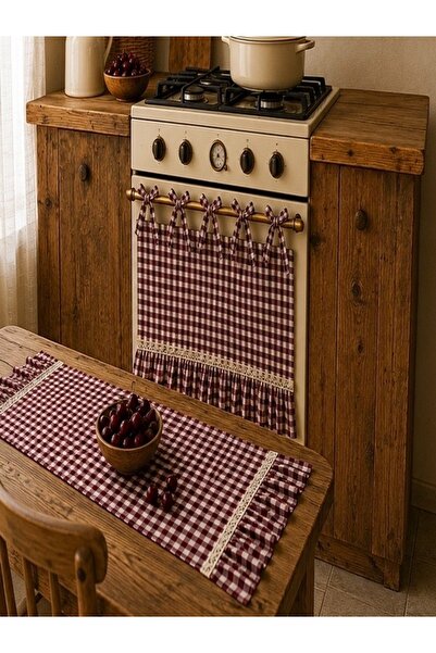 SP CONCEPT My Kitchen Yazılı Bordo Ekose Fırın Perdesi ve Ranner Set
