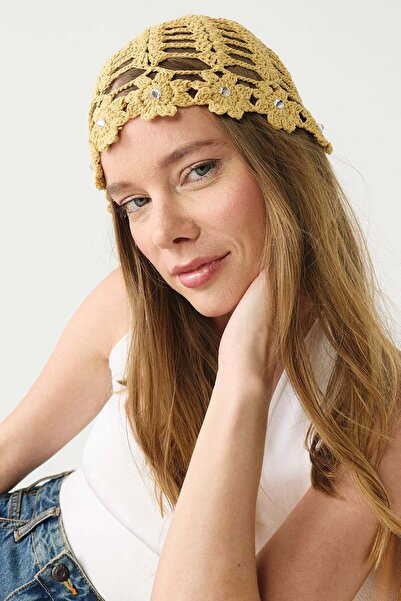 C&City Stone Detailed Summer Knitted Beanie Y8239 Yellow