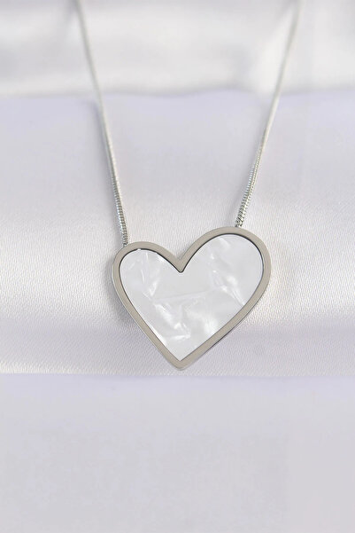 ALKASAZ 316L Steel Chain Silver Color Marble Patterned Heart Necklace