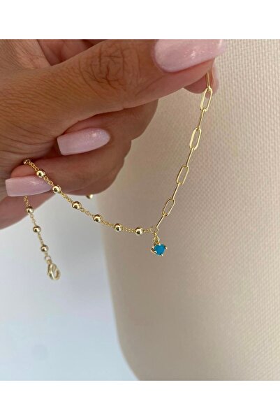 Bade Jewelry Fd Gold Paperclip&Ball Chain Blue Stone Detailed Anti-Tarnish St...