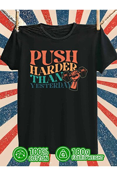 LİNA06 تي شيرت رجالي بطباعة "Push Harder Than Yesterday"، 180 جرام، 100% قطن،...