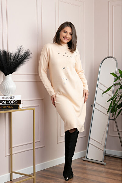 OEM Rochie tricotata ivoire Katherine cu flori in relief si paiete argintii
