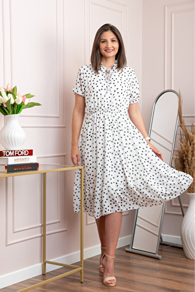 OEM Rochie retro alba Leslie cu buline negre si maneci bufante
