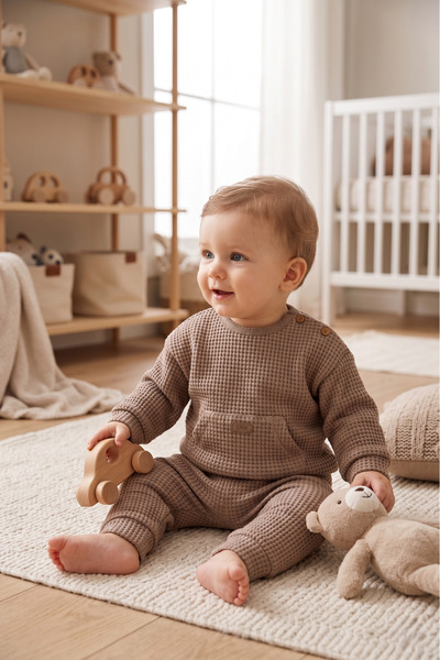 Caramell Baby Set Waffle Fabric 98% Cotton Wooden Buttons Kangaroo Pocket Uni...