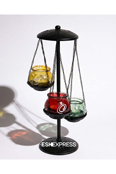ESK Siyah Metal Ferforje 3'lü Renkli Camlı Tealight Mumluk