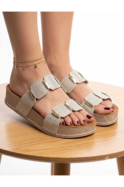 McDark Women's High Sole Stone Detailed Cork Sole Slippers-Gold
