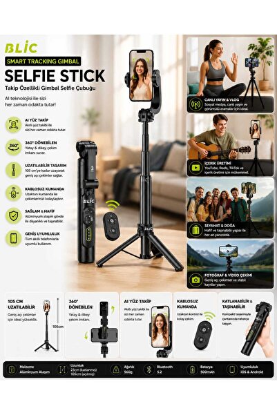 Genel Markalar Takipli Gimbal Selfie Çubuğu Tripodlu - 360° Döner Akıllı Tele...