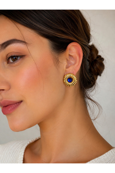 GUVDİN Blue Stone Gold Flower Model Earrings