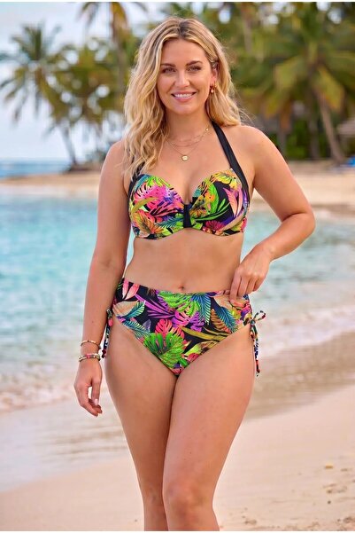 hazelin Women's Black Tropical Leaf Pattern Gathering Plus Size Bikini Set Hz...