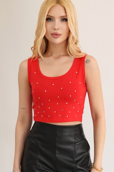 RICH GLAM Crystal Stone Premium Cotton Women's Wide Strap Basic Crop Blouse O...