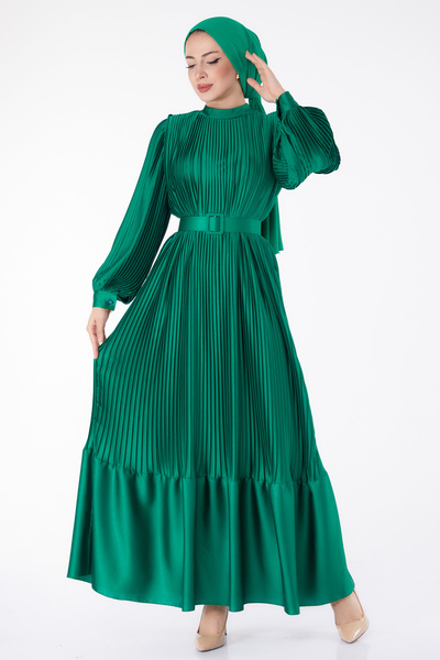 TOFİSA Straight Collar Women's Emerald Pleated Evening Dress - 25458