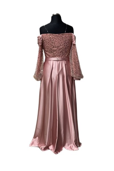 Daxe Textile Sequin Bustier Balloon Sleeve Satin Evening Dress