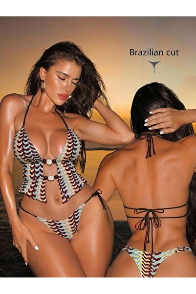Bernato Set de bikini monokini premium cu textură tricotată, cu mărgele, stil...