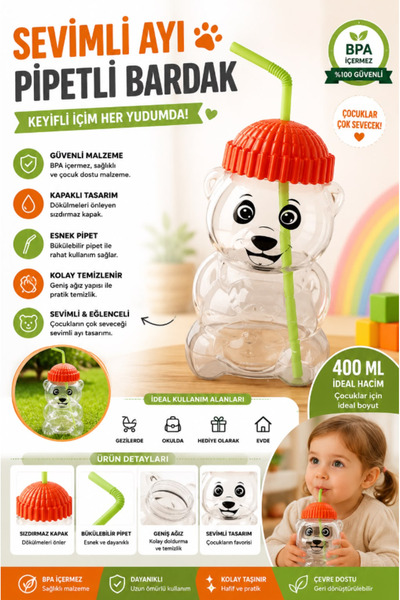 TUMU LIFE Bearista 450 ML Plastik Ayıcık Figürlü Pipetli Soğuk İçecek ve Kokt...