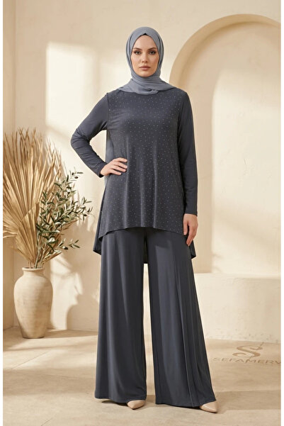 sefamerve Sandy Fabric Blouse Pants Hijab Double Set 5632-02 Smoked