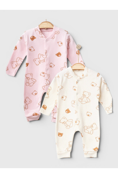 Mou&Kou Set of 2 Teddy Bear Printed Monthly Baby Rompers Without Booties 1-6-...