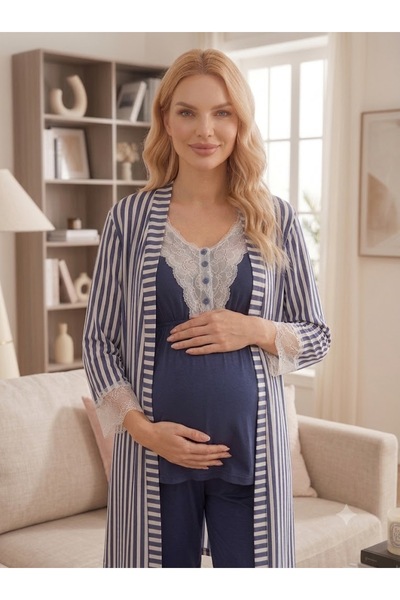 Pelin Women's Navy Blue Striped Patterned Lace 3-Piece Maternity Pajama Set w...