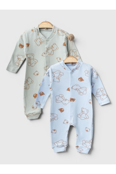 Mou&Kou Set of 2 Teddy Bear Printed Monthly Baby Rompers Without Booties 1-6-...