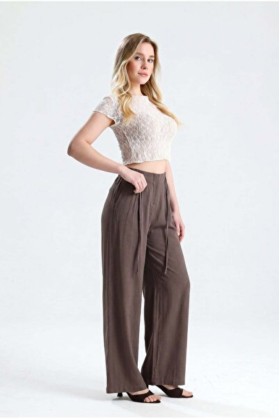ROSE ARYA Brown Linen Palazzo Trousers