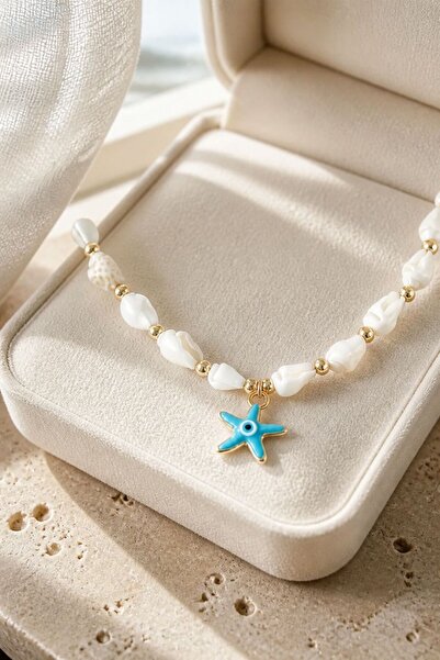 LYKOS Natural Sea Shell Stringed Blue Star Model Necklace - Summer Necklace