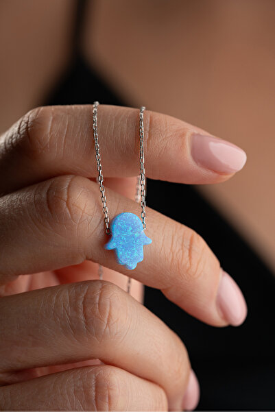 Silvano Jewelry 925 Ayar Gümüş Mavi Doğal Taş Fatma Ana Eli Kolye