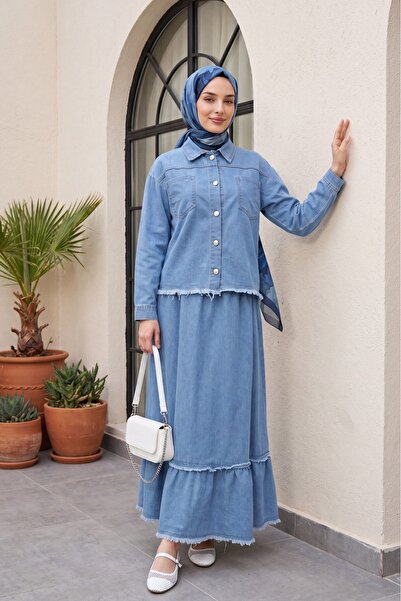 Modamorfo Shirt Collar, Double Pockets, Buttoned Hem, Tasseled Denim Suit - Blue