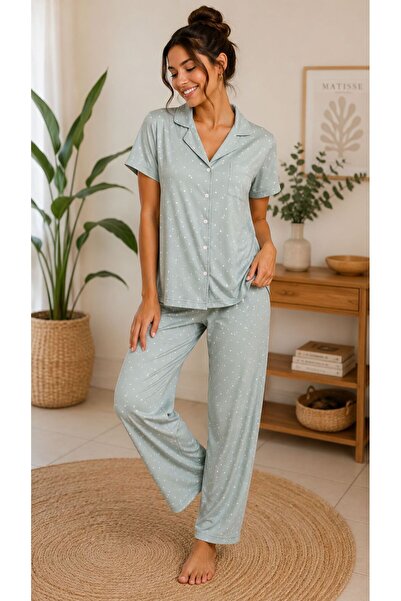 BALİS PİJAMA Short-Sleeved, Full-Buttoned Shirt with a Stylish Patterned Coll...
