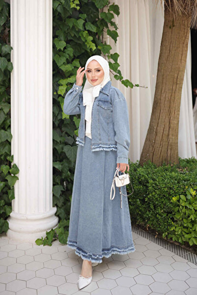 İmajButik Mavi Püskülü Kot Ceket Etekli Takım