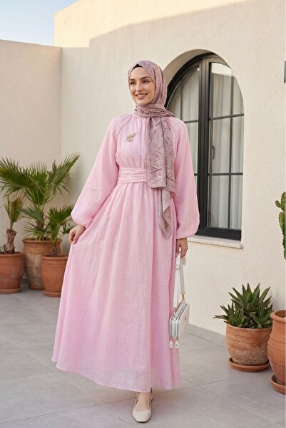 Modamorfo Beli Belted, Elastic Sleeves, Brooched, Lined, Linen Look Dress - P...
